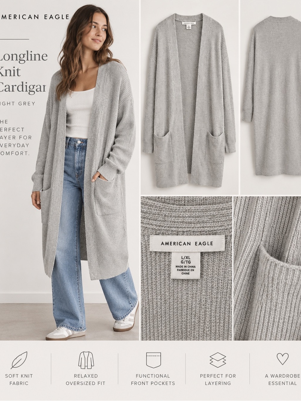 American Eagle Soft Grey Oversized Cardigan – Size L/XL